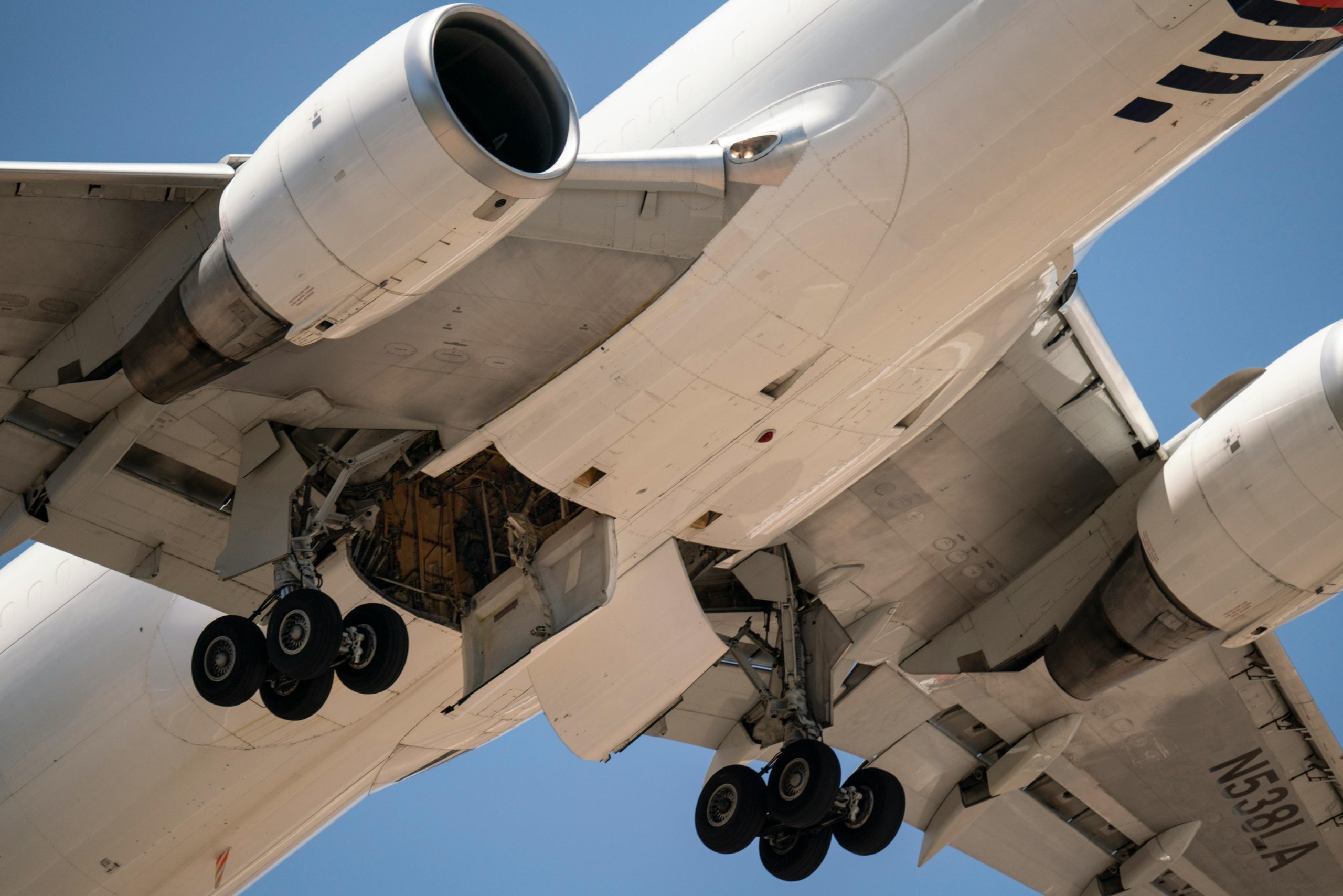 Home Detailed view of airplane undercarriage during takeoff at Santiago, Chile airport.